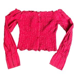 Aeropostale Y2K Shirred Ofd-The-Shoulder Long Sleeved Crop Top